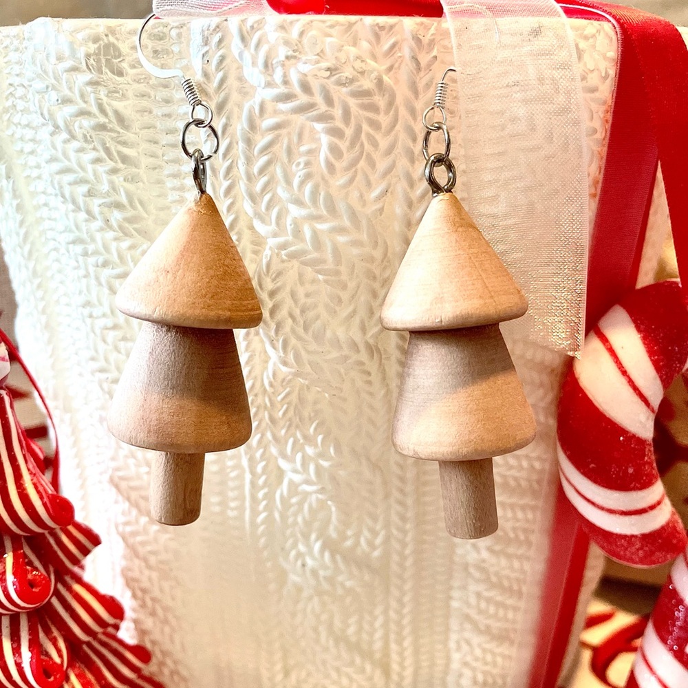 Mini boho wood Christmas tree earrings for ugly Christmas sweater